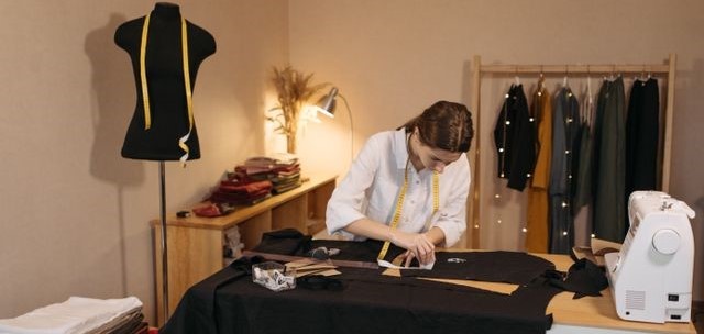 couturière artisanale en train de confectionner un vêtement dans un atelier