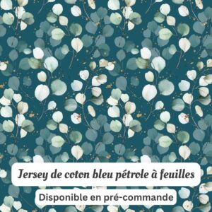 Jersey de coton bleu pétrole à feuilles d'eucalyptus